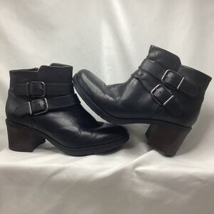 Clarks Womens Black Leather Ankle Boots Dual Buckle Zip Block Heel 7 M
